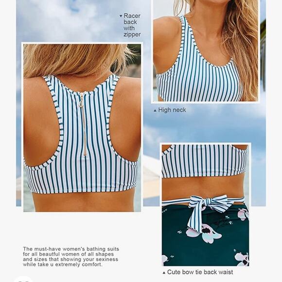 Floral Striped Monokini High-Waisted Racerback - Picture 2 of 8